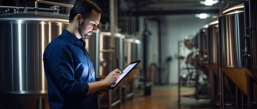 Man completing audit using tablet inside a brewery