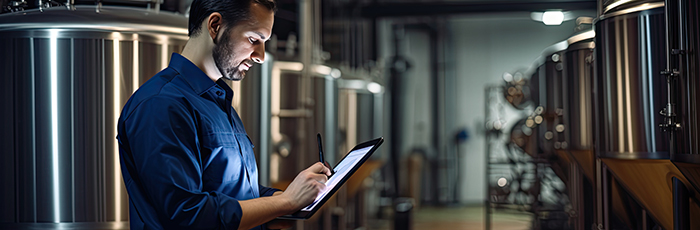 Man completing audit using tablet inside a brewery