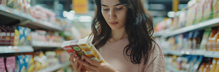 Consumer reading product label in supermarket