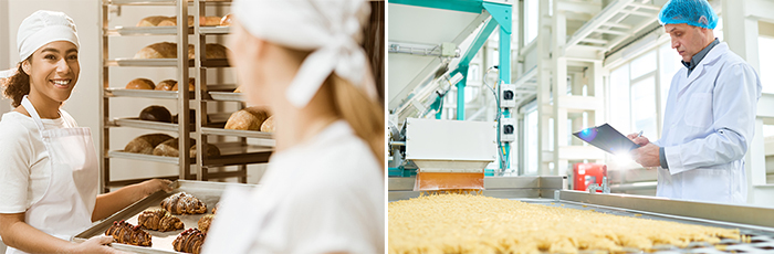 Bakers baking and smiling. Food technicians performing audit in factory