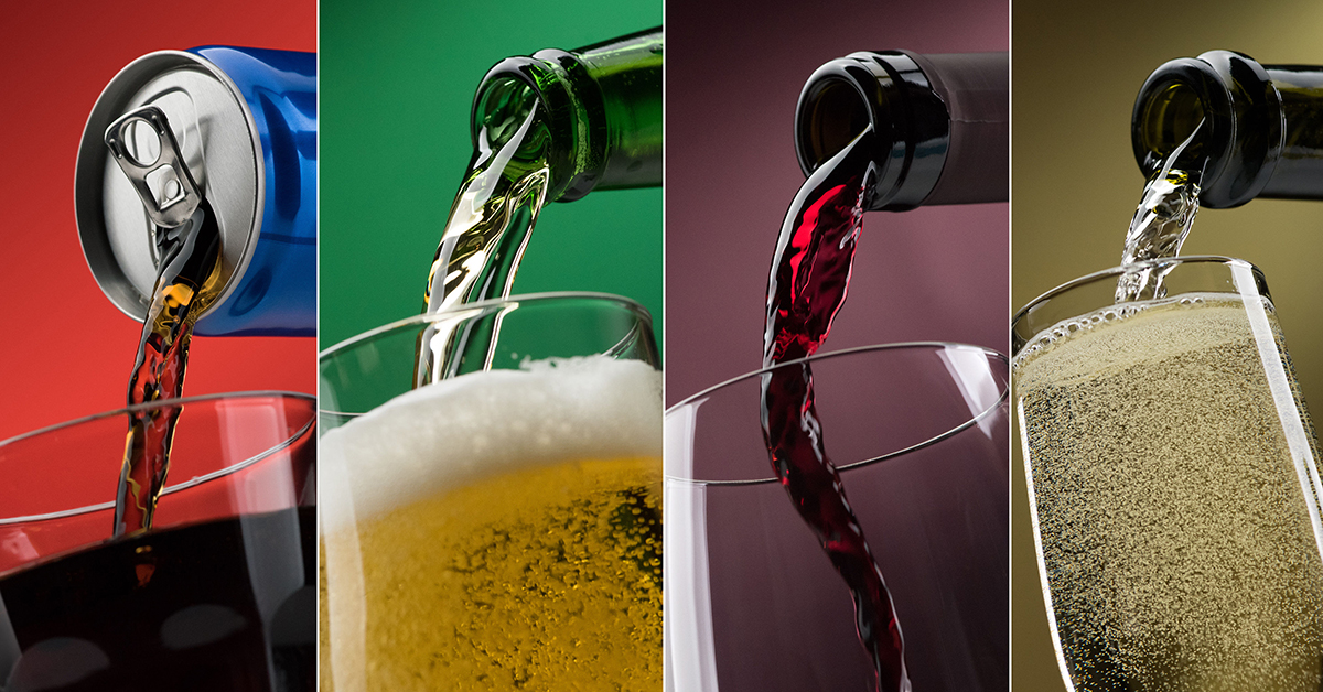 Different drinks being poured from bottles and cans into glasses