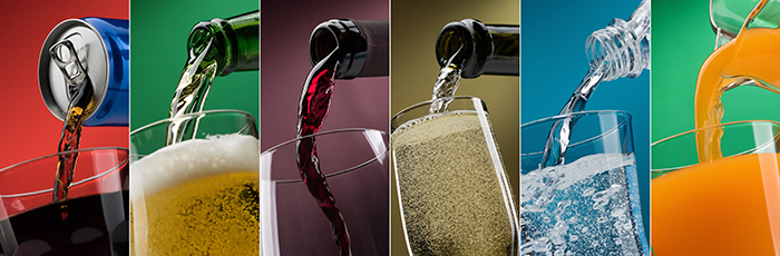 Graphic of different drink types being poured into glasses