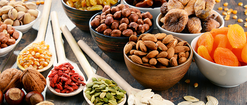 Dry foods in bowls on table