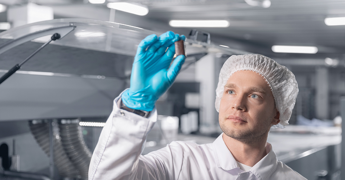 Factory worker inspecting food product from production line in factory