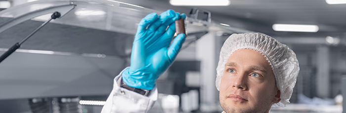 Factory worker inspecting food product from production line in factory