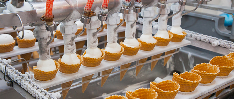 Ice-cream cones on factory production line