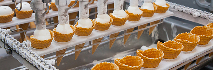 Ice-cream cones on factory production line