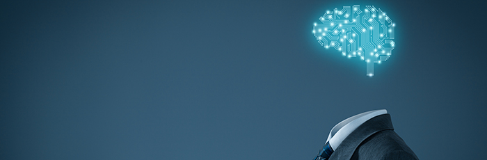 Infographic of human body with a digitalised brain shape in place of a human head