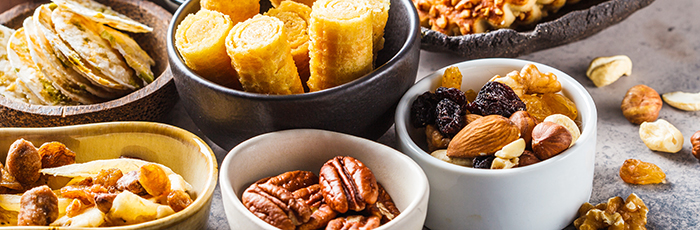 Selection of snacks in bowls