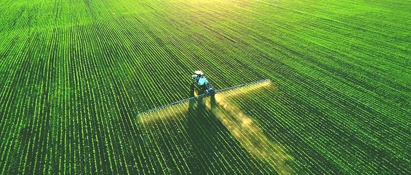 Tractor in large field fertilising crops with sun setting in background