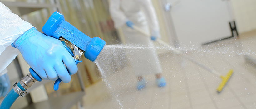 Close up of hosepipe spraying water in factory