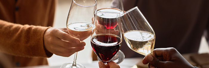 People toasting with different wine varieties in wine glasses