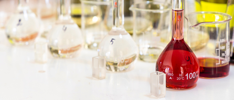 Wine in volumetric flask in laboratory